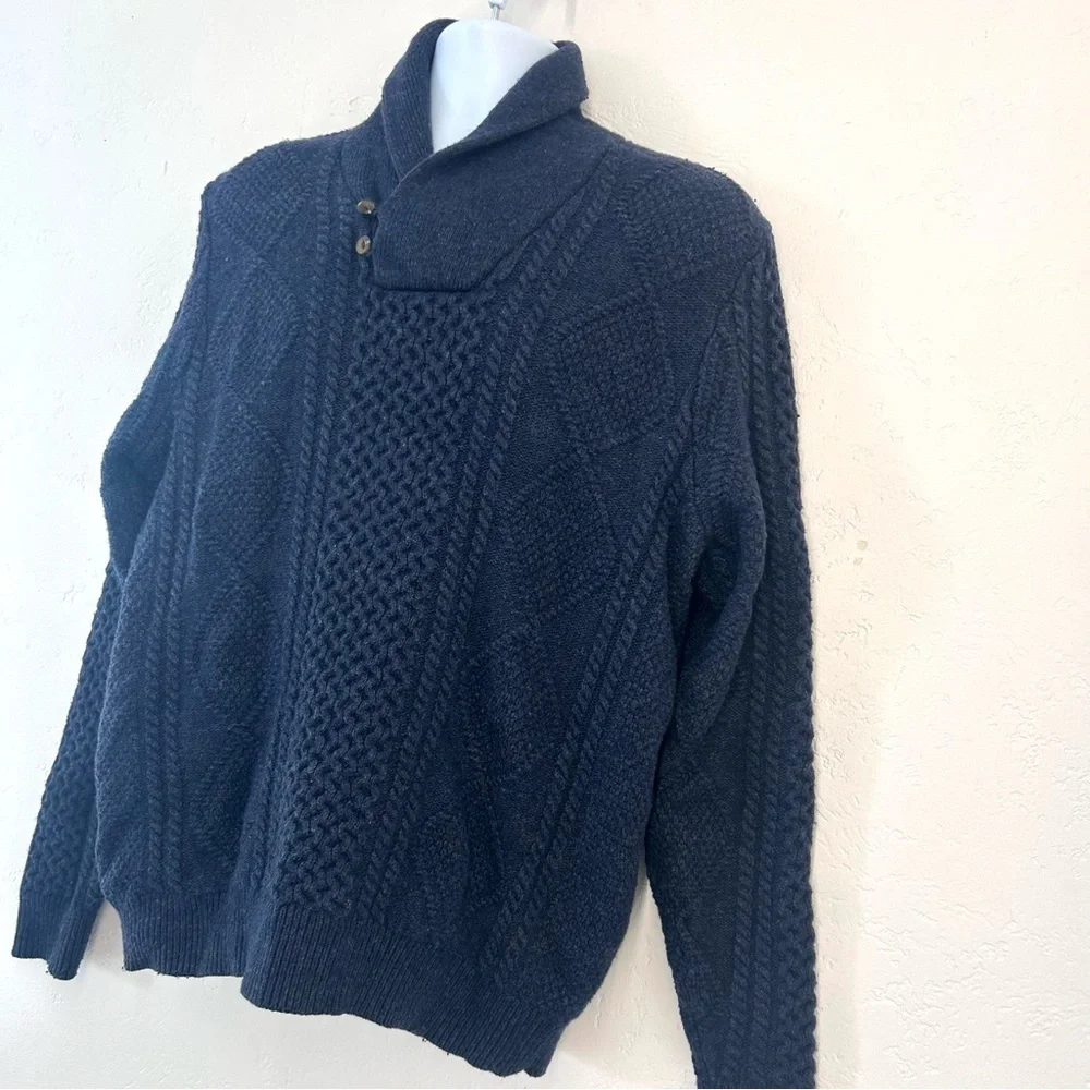 Nordstrom Lambswool Wool Fisherman Sweater Men L Blue Knit Shawl Collar